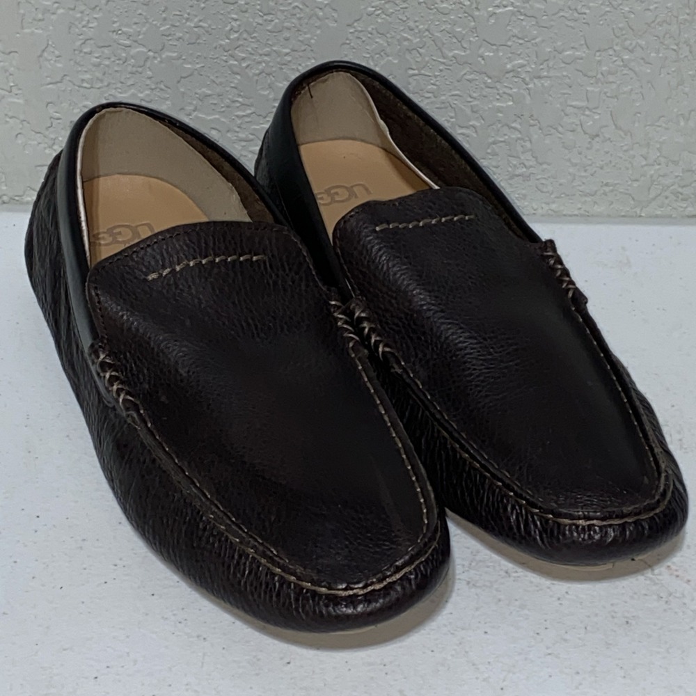 UGG ENERG Brown Pebbled Leather Loafers Slip-On Casual Lightweight Men Sz 12 NEW